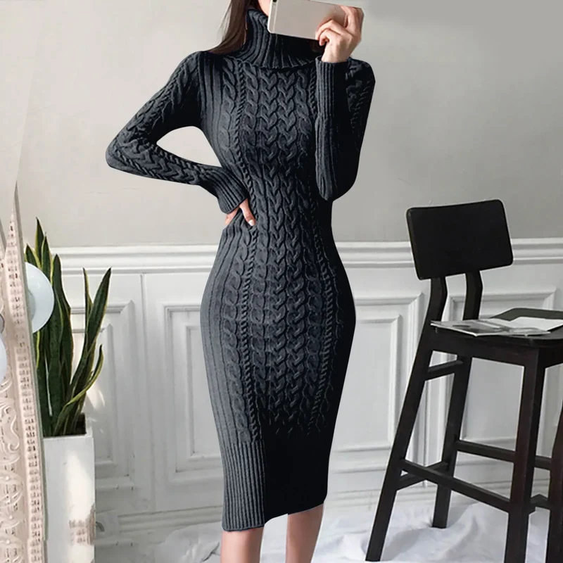 Damen Wollkleid Rollkragen Stiefelkleid Herbstkleid Winterkleid Strickkleid Long