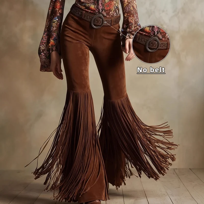 Sexy Damen Fashion Hose Kunst Lederhose Schlaghose Retro Western Flare Wildleder