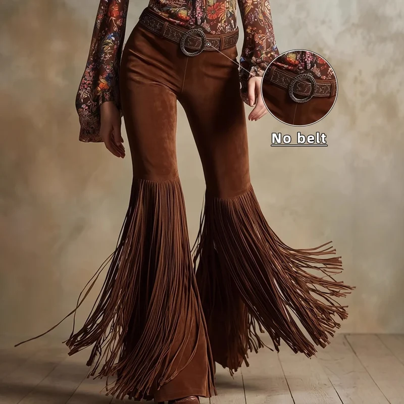 Sexy Damen Fashion Hose Kunst Lederhose Schlaghose Retro Western Flare Wildleder