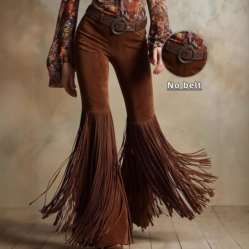 Sexy Damen Fashion Hose Kunst Lederhose Schlaghose Retro Western Flare Wildleder