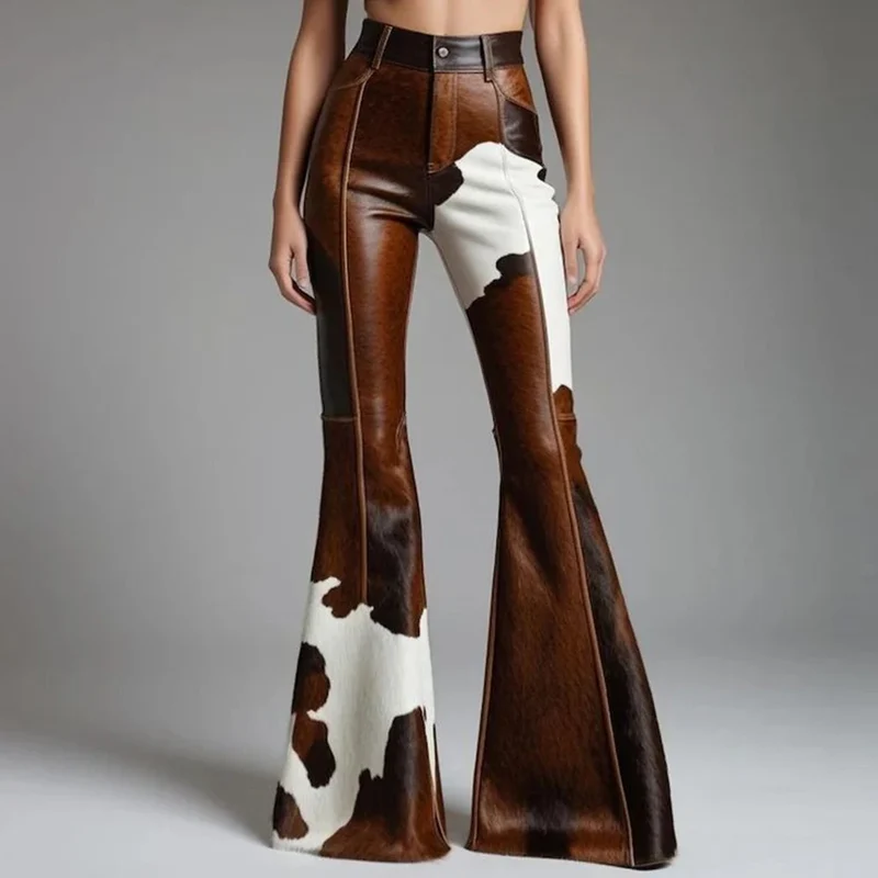 Sexy Damen Fashion Hose Kunst Lederhose Schlaghose Retro Western Flare Kuhmuster