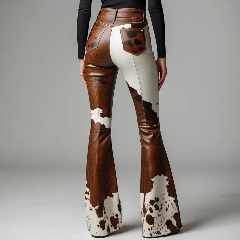 Sexy Damen Fashion Hose Kunst Lederhose Schlaghose Retro Western Flare Kuhmuster