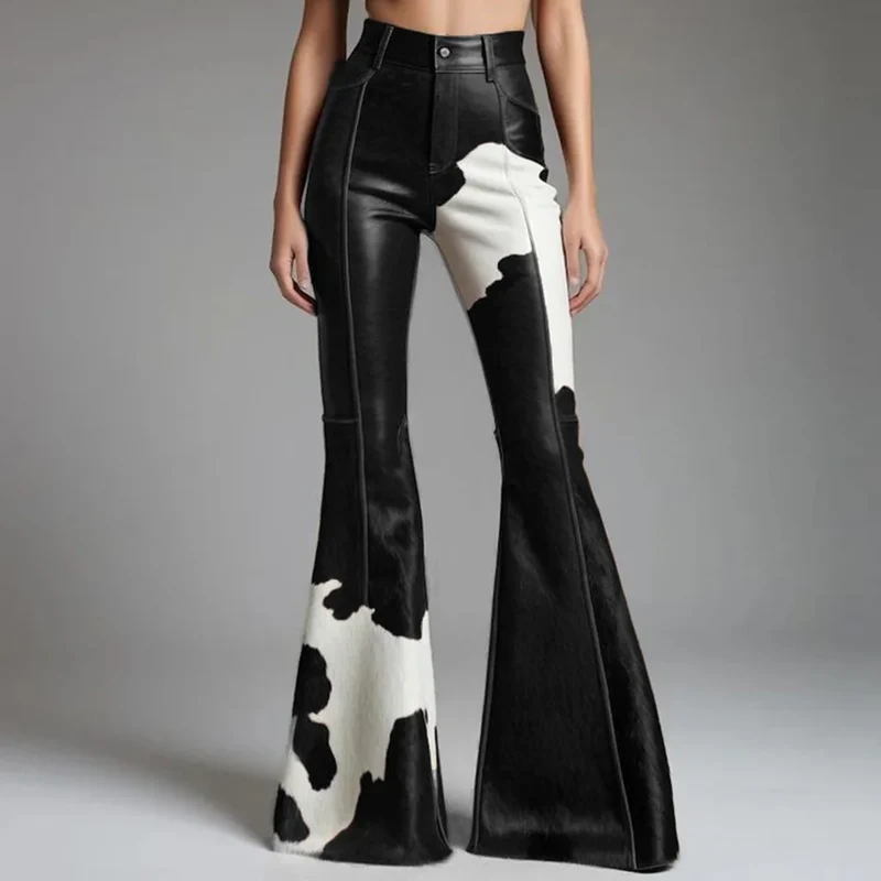 Sexy Damen Fashion Hose Kunst Lederhose Schlaghose Retro Western Flare Kuhmuster