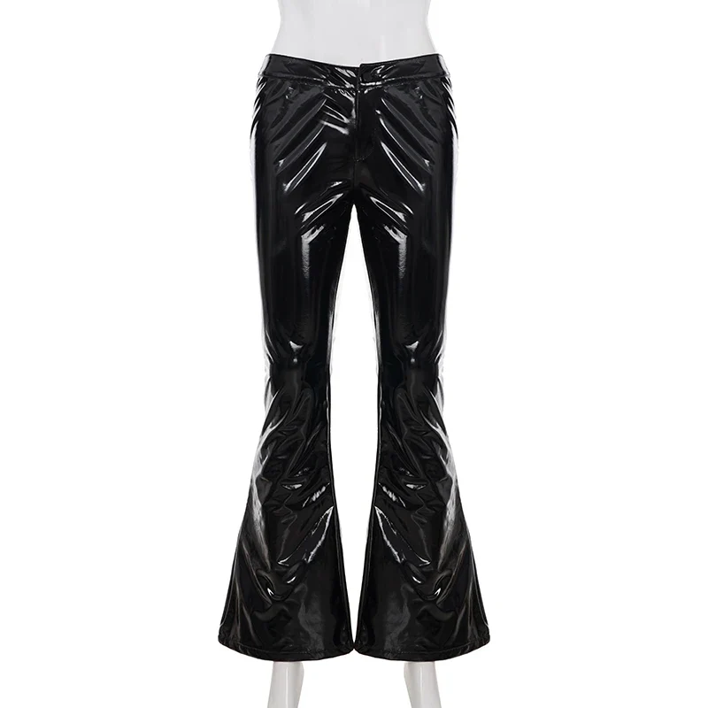 Sexy Damen Fashion Hose Gothic Punk glänzende PU Lederhose Schlaghose Latex