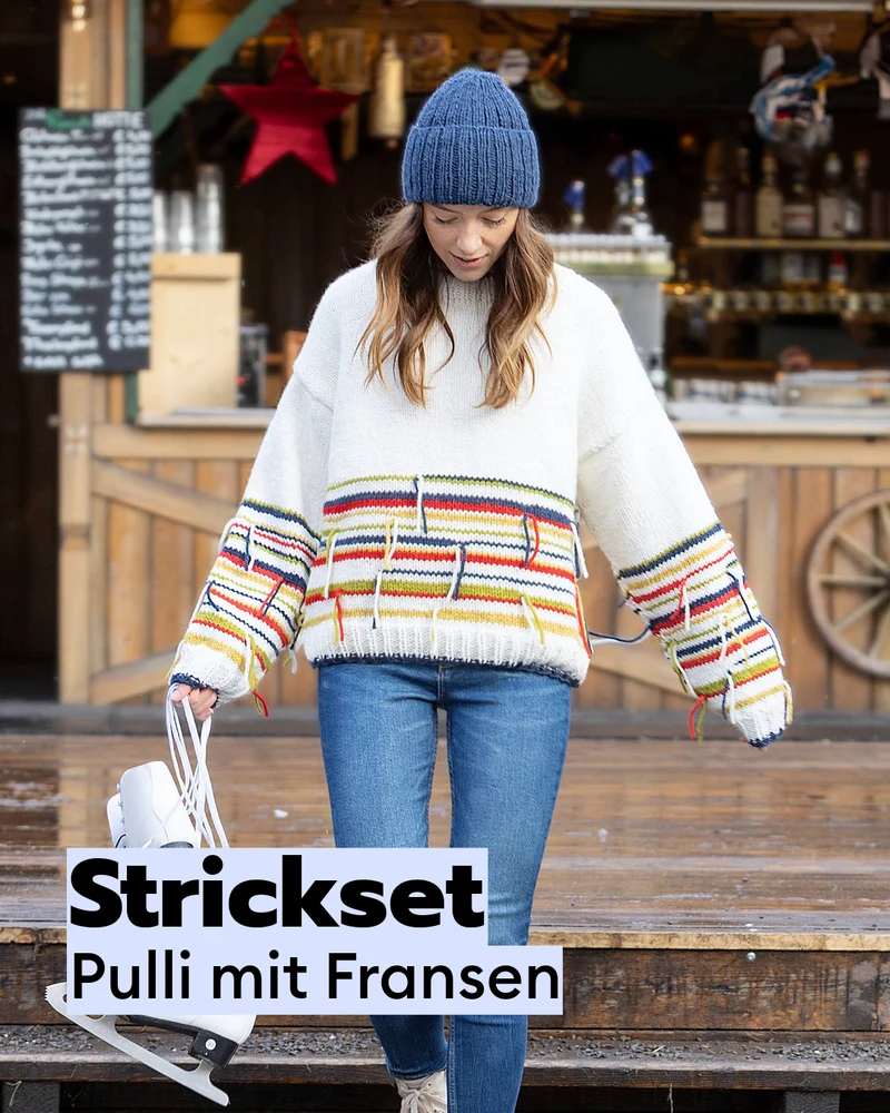 Strickset Pullover mit Fransen & Mütze