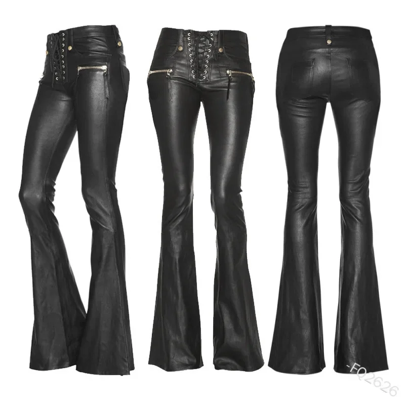 Sexy Damen Fashion Gothic Punk Hose PU Lederhose Reißverschluss Schlaghosen