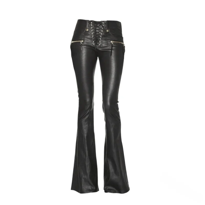 Sexy Damen Fashion Gothic Punk Hose PU Lederhose Reißverschluss Schlaghosen