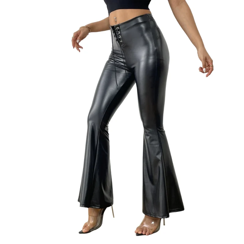 Sexy Damen Fashion Hose Gothic Punk glänzende PU Lederhose Schlaghose Latex