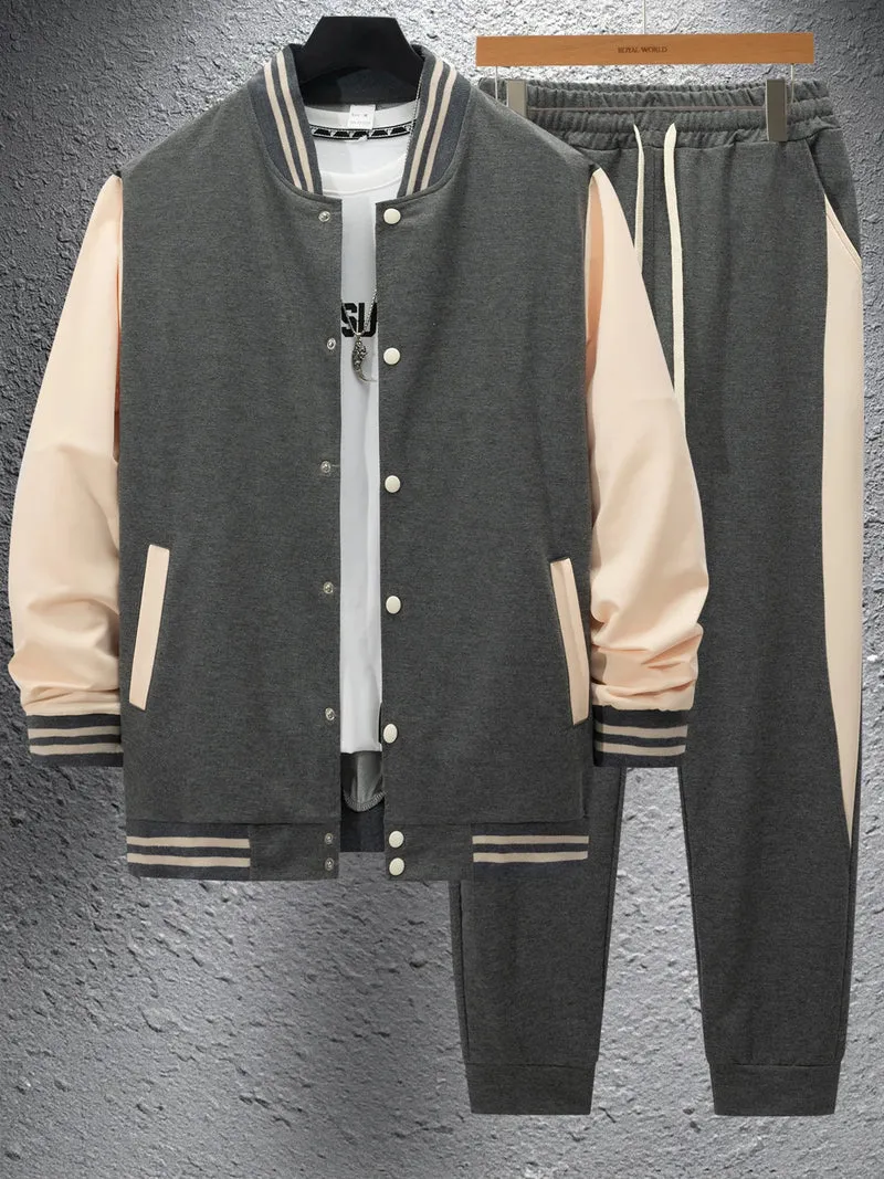 Vintage-Streetwear im Baseball-Stil im Herbst und Winter, farblich passende Patchwork-Jacke für Herren und konische Hose als trendige Kombi