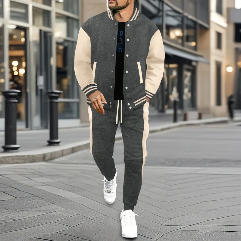 Vintage-Streetwear im Baseball-Stil im Herbst und Winter, farblich passende Patchwork-Jacke für Herren und konische Hose als trendige Kombi