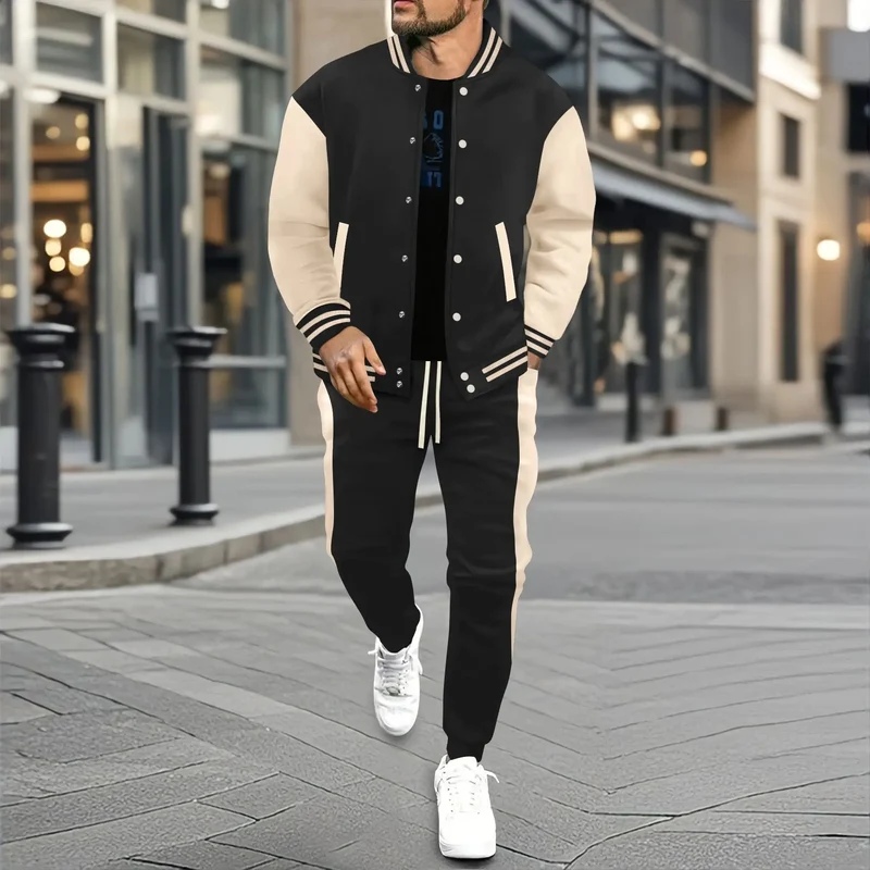 Vintage-Streetwear im Baseball-Stil im Herbst und Winter, farblich passende Patchwork-Jacke für Herren und konische Hose als trendige Kombi
