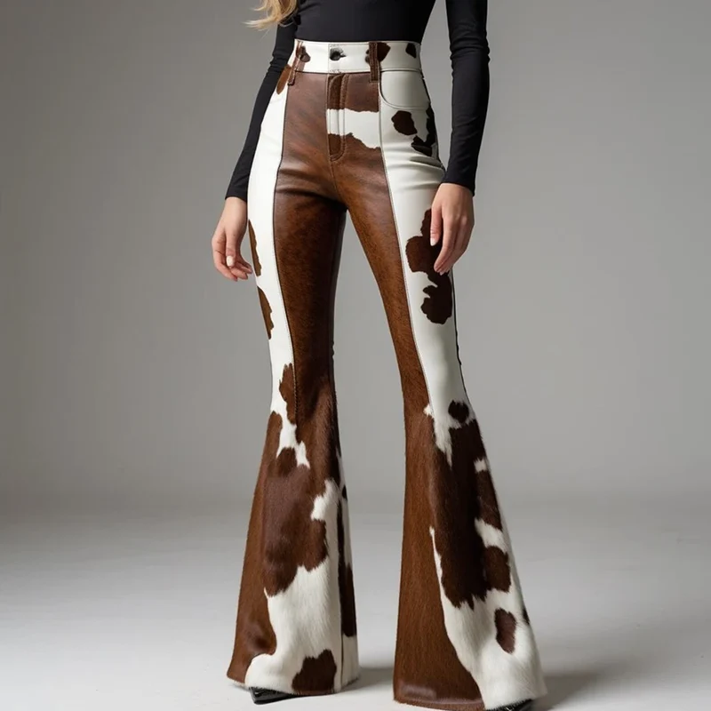 Sexy Damen Fashion Hose Kunst Lederhose Schlaghose Retro Western Flare Kuhmuster