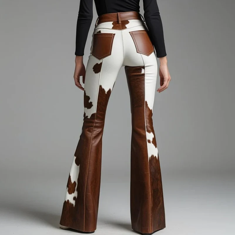 Sexy Damen Fashion Hose Kunst Lederhose Schlaghose Retro Western Flare Kuhmuster