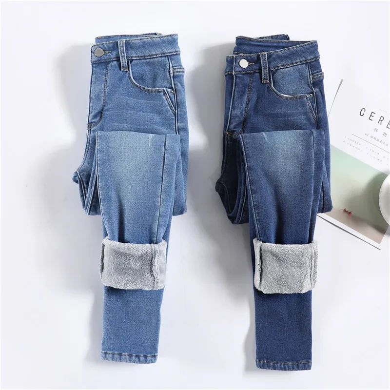 Damen Winter Warm Thermo Jeans Hose Innenfleece Stretch Hosen Leggins Denim
