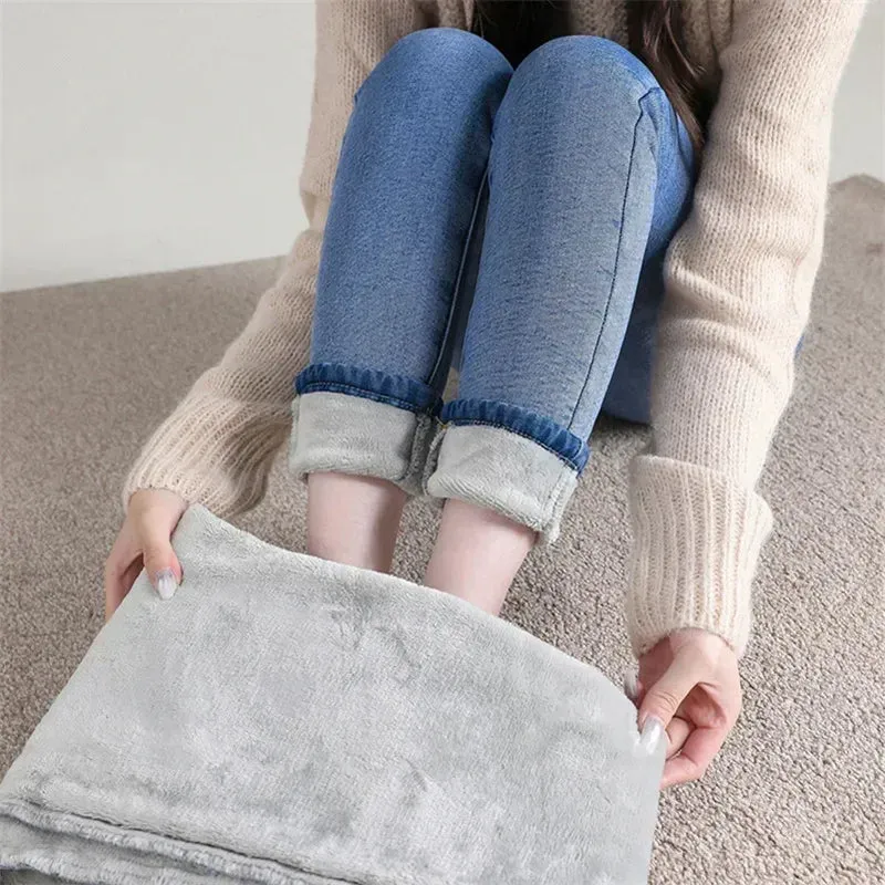 Damen Winter Warm Thermo Jeans Hose Innenfleece Stretch Hosen Leggins Denim