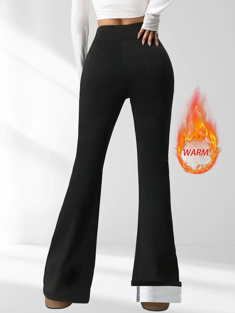 1 Paar schwarze, mit Wolle gefütterte Schlaghose für Damen – dicke Winterhose mit Plüschfutter, warme, enge Hose mit Plüschfutter