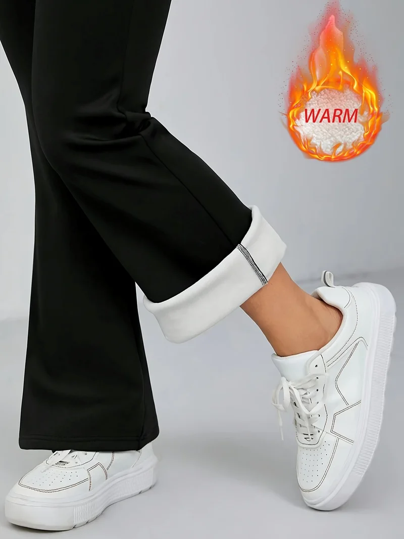 1 Paar schwarze, mit Wolle gefütterte Schlaghose für Damen – dicke Winterhose mit Plüschfutter, warme, enge Hose mit Plüschfutter