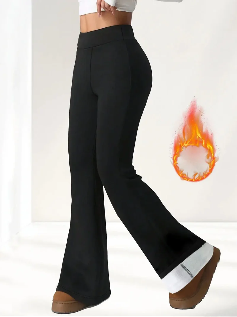 1 Paar schwarze, mit Wolle gefütterte Schlaghose für Damen – dicke Winterhose mit Plüschfutter, warme, enge Hose mit Plüschfutter