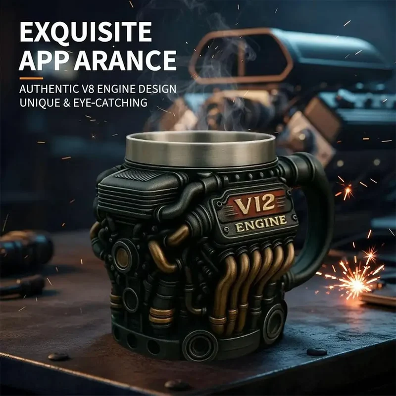 Edelstahl-Kaffeebecher Mug V8-Motoren-Motiv Kaffeetasse Becher Tasse Geschenk