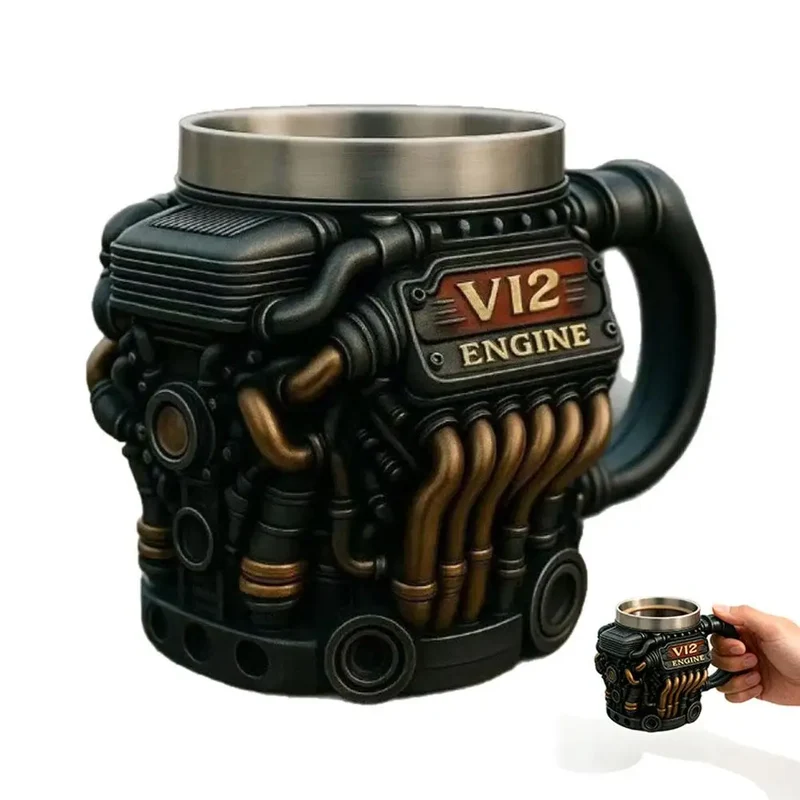 Edelstahl-Kaffeebecher Mug V8-Motoren-Motiv Kaffeetasse Becher Tasse Geschenk