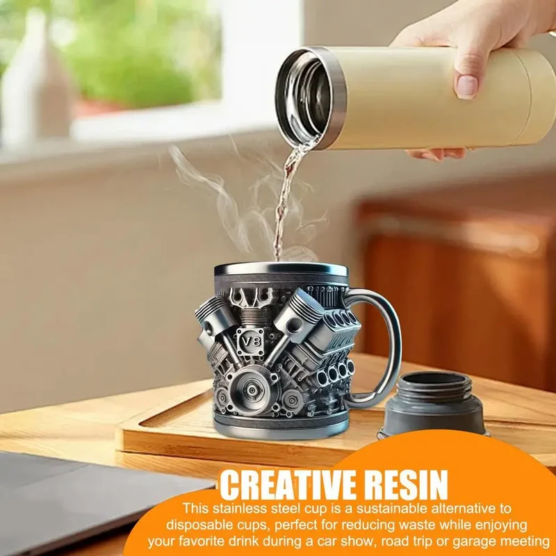 Edelstahl-Kaffeebecher Mug V8-Motoren-Motiv Kaffeetasse Becher Tasse Geschenk