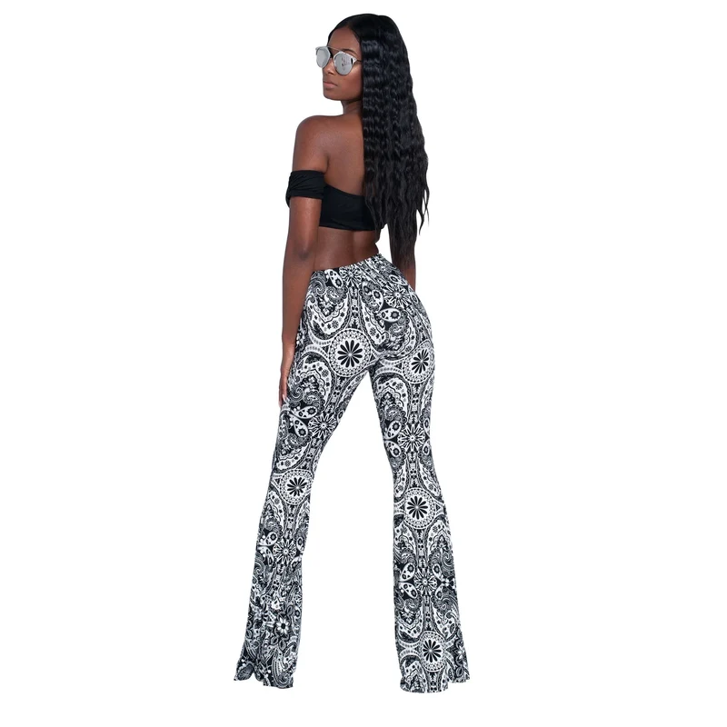 Damen Yoga Hose Bootcut Hüftjeans Schlaghose Flared Leggins Flower Power Retro