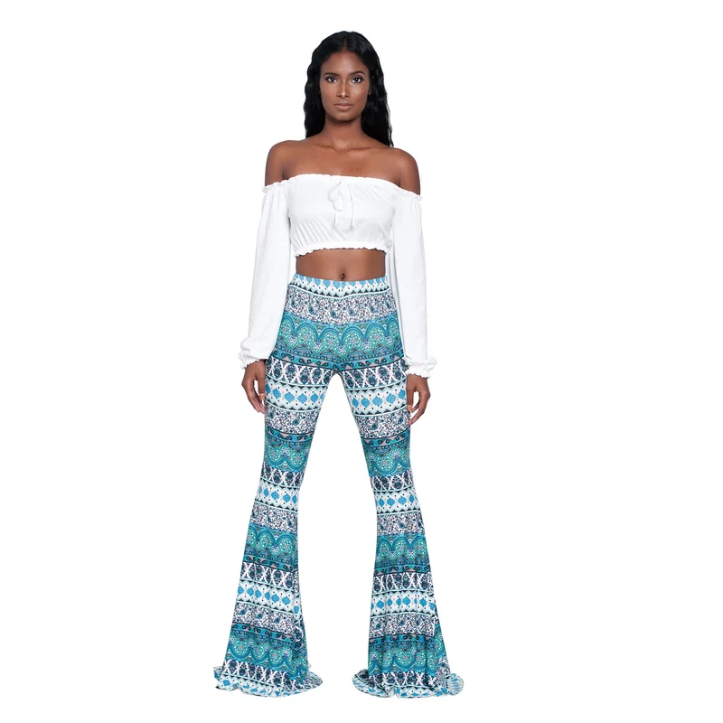 Damen Yoga Hose Bootcut Hüftjeans Schlaghose Flared Leggins Flower Power Retro