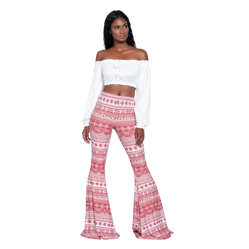 Damen Yoga Hose Bootcut Hüftjeans Schlaghose Flared Leggins Flower Power Retro