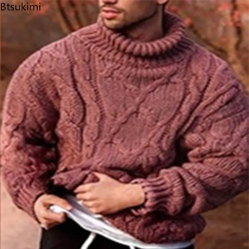 Herren Rollkragen Pullover Sweatshirt Pulli Sweater Langarm Shirt mit Zopfmuster