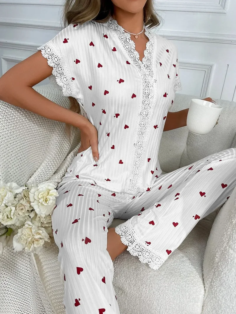 Frühlings-Sommer-Pyjama-Set für Damen, Nachtwäsche, Spitzenbesatz, Herzdruck, kurzärmliges Oberteil und Hose in voller Länge, Nachtwäsche, Loungewear
