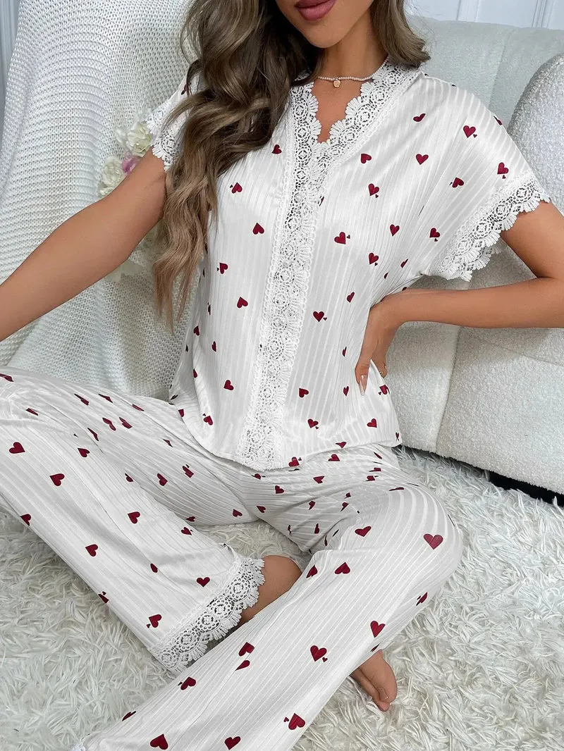 Frühlings-Sommer-Pyjama-Set für Damen, Nachtwäsche, Spitzenbesatz, Herzdruck, kurzärmliges Oberteil und Hose in voller Länge, Nachtwäsche, Loungewear