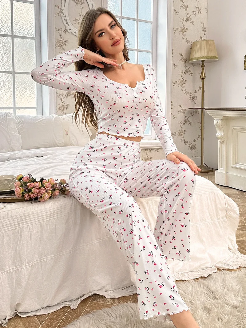 Frühling Sommer Nachtwäsche Damen Pyjamas Blumendruck Salatbesatz Pyjama Set Tops und lange Hosen Loungewear Nachtwäsche