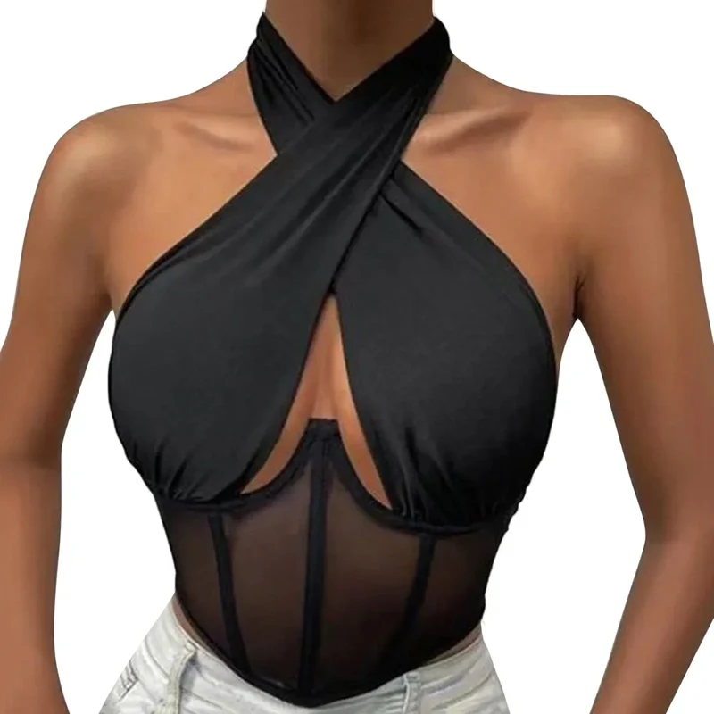 Damen Top Crossover Neckholder-Top Tank Top Shirt Trägertop Oberteil Blusen
