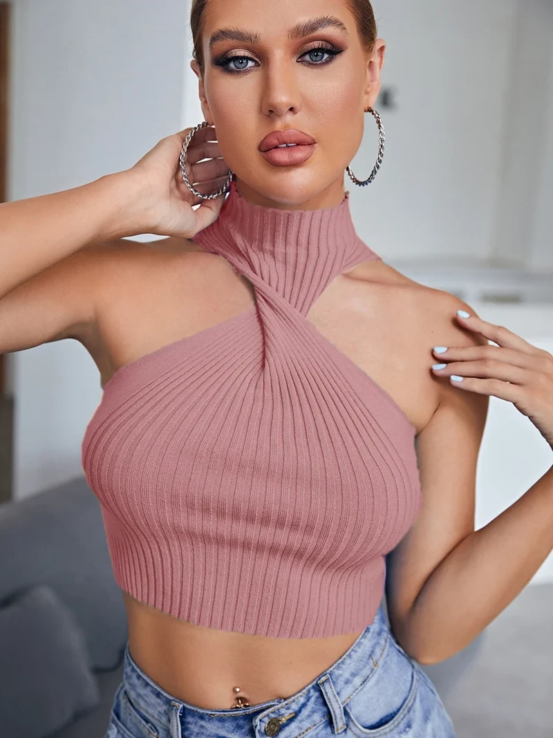 Damen Top Crossover Neckholder-Top Tank Top Shirt Trägertop Oberteil Blusen