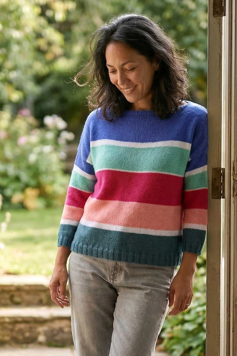 Anleitung Pulli mit Blockstreifen – blau-rot