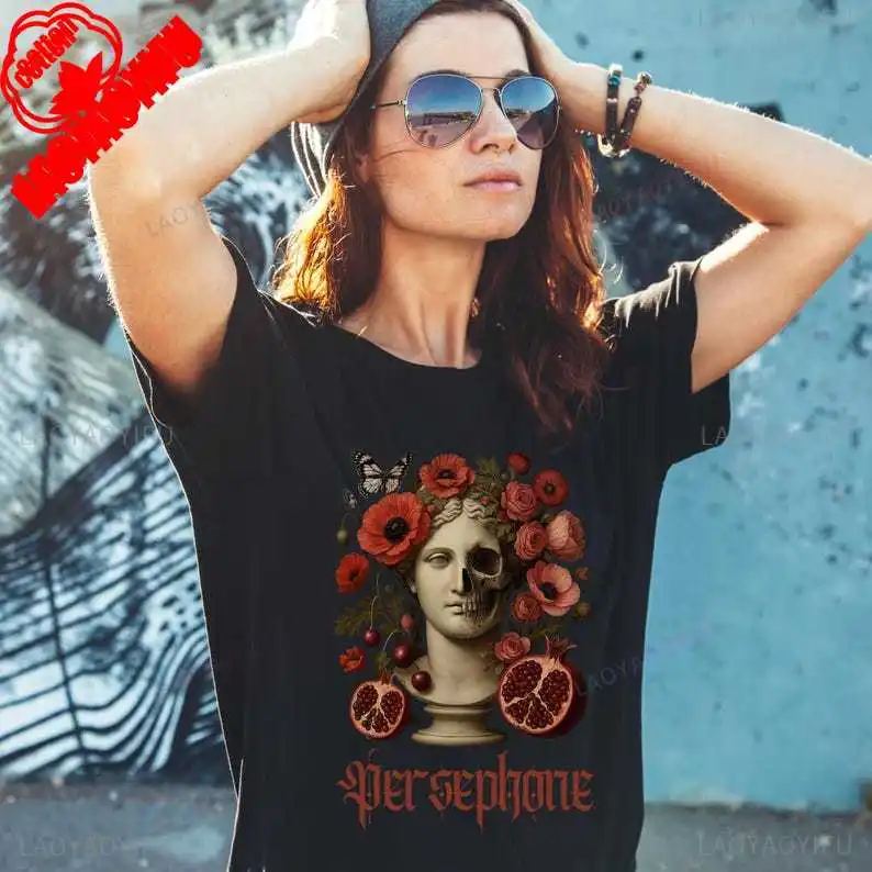 Damen Sommer Top Gothic T-Shirt Rundhals Streetwear lockeres Damentop Bluse