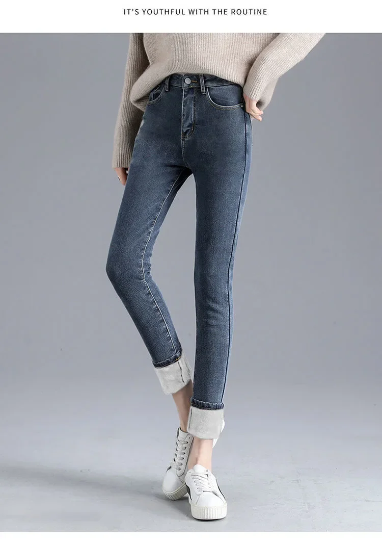Damen Winter Warm Thermo Jeans Hose Innenfleece Stretch Hosen Leggins Denim