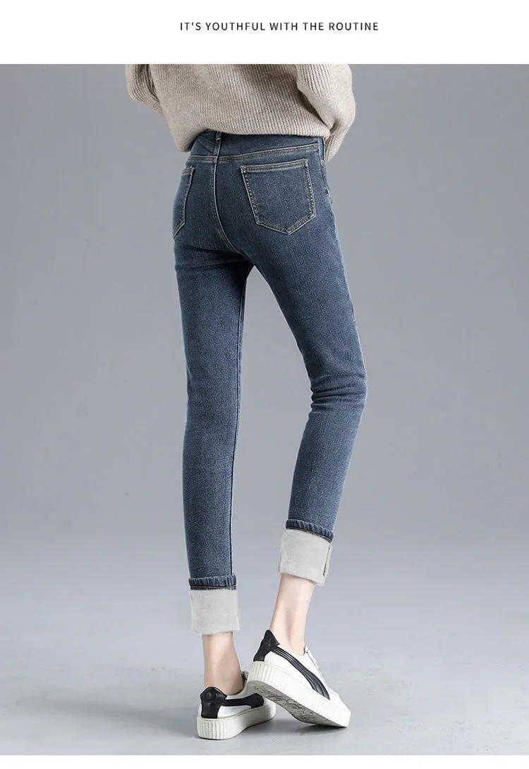 Damen Winter Warm Thermo Jeans Hose Innenfleece Stretch Hosen Leggins Denim