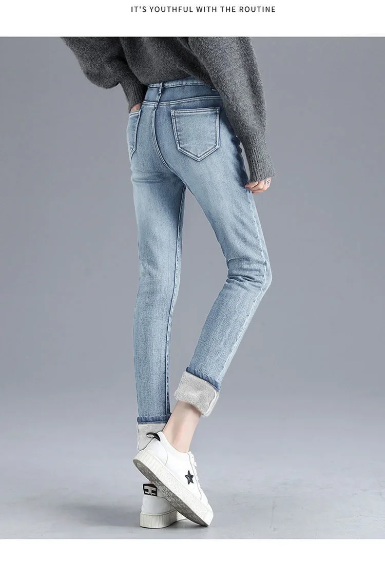 Damen Winter Warm Thermo Jeans Hose Innenfleece Stretch Hosen Leggins Denim