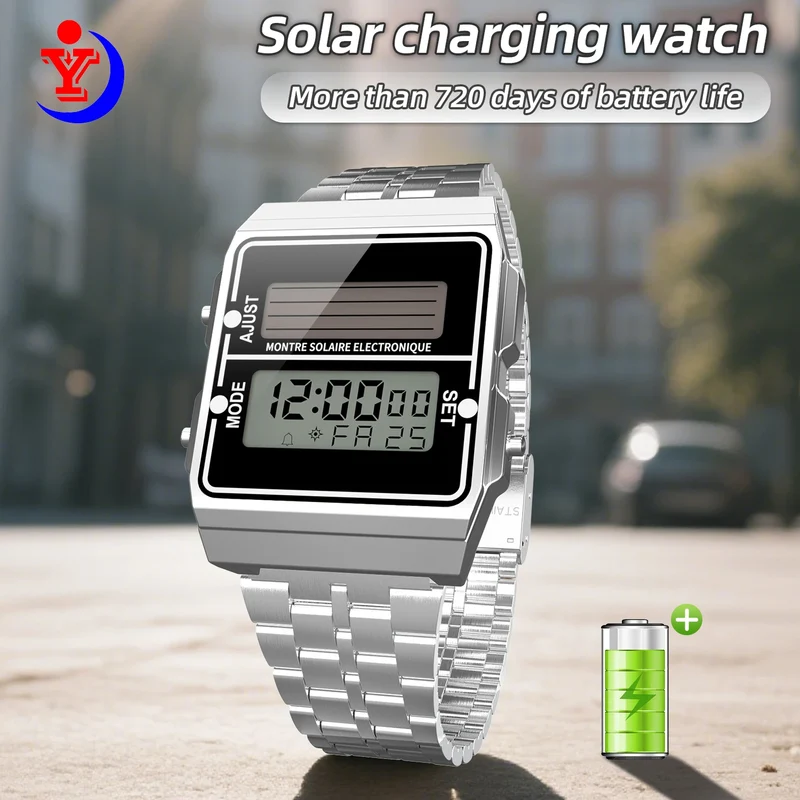 Solar Herren Digitaluhr Retro Chronograph Edelstahlarmband Wasserdicht Multifunktionale Sport Elektronische Uhren