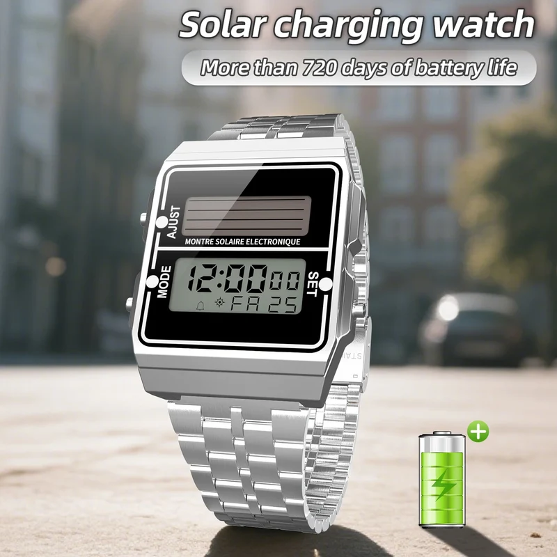 Solar Herren Digitaluhr Retro Chronograph Edelstahlarmband Wasserdicht Multifunktionale Sport Elektronische Uhren