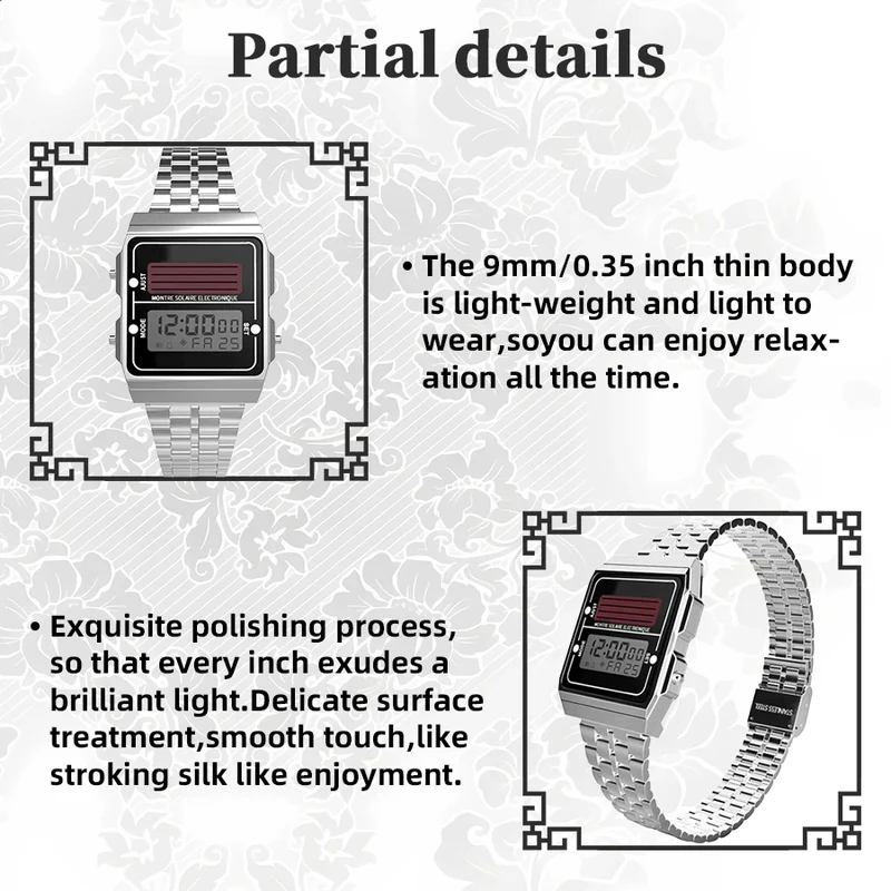 Solar Herren Digitaluhr Retro Chronograph Edelstahlarmband Wasserdicht Multifunktionale Sport Elektronische Uhren