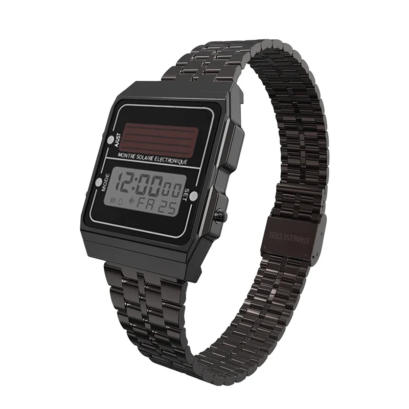 Solar Herren Digitaluhr Retro Chronograph Edelstahlarmband Wasserdicht Multifunktionale Sport Elektronische Uhren