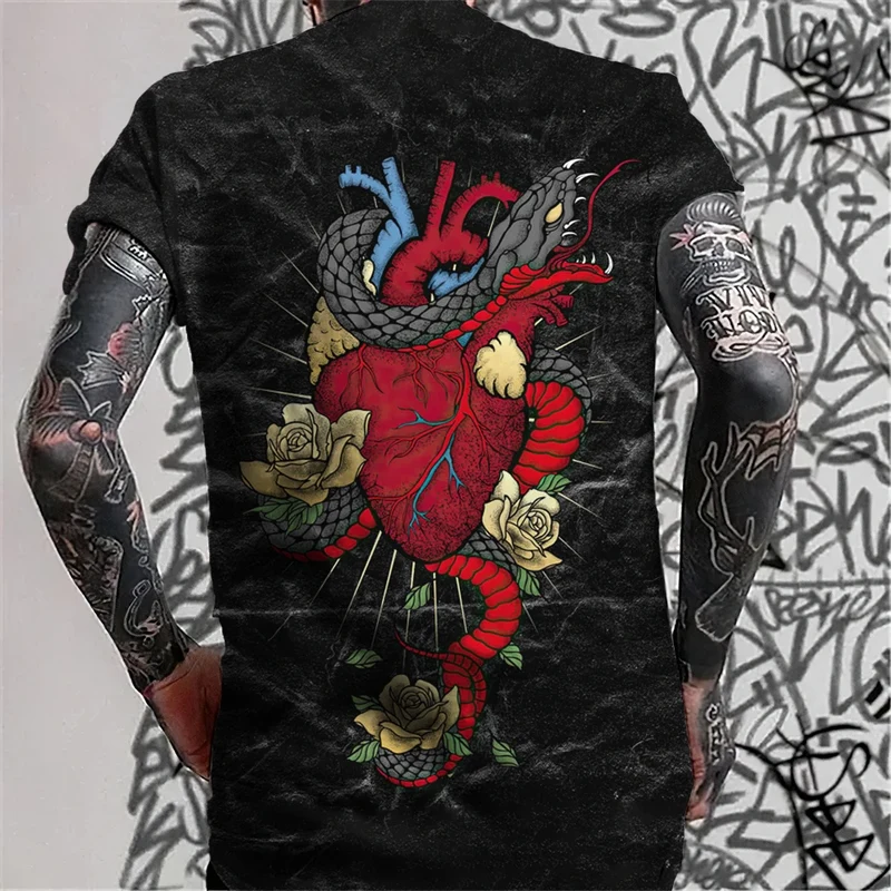 Herren Fashion Tattoo Style T-Shirt Rundhals Unisex SommerOversized Streetwear