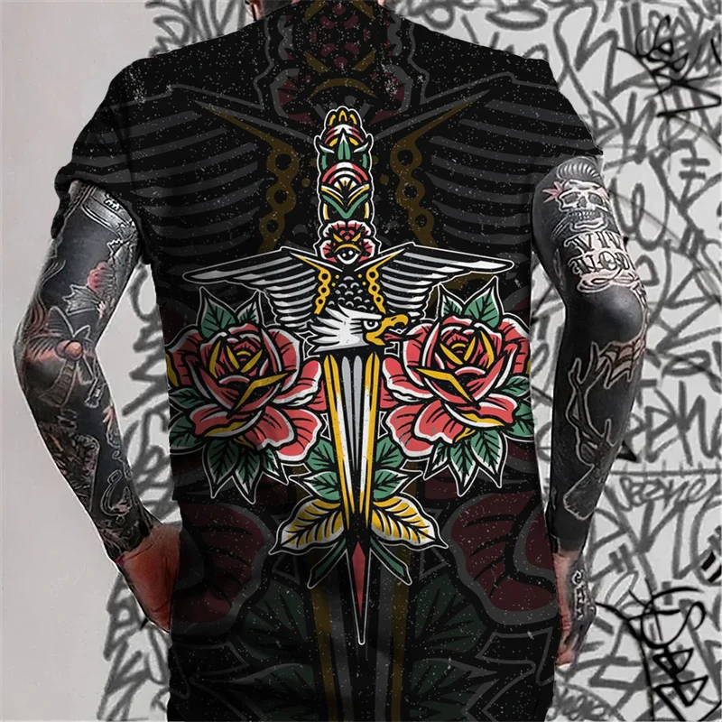Herren Fashion Tattoo Style T-Shirt Rundhals Unisex SommerOversized Streetwear