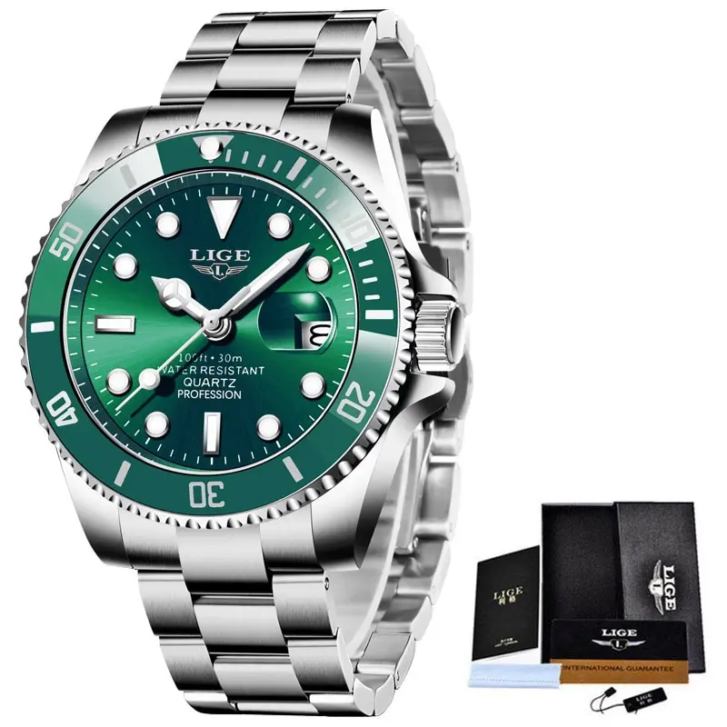Herren Armbanduhr Silber Grün Edelstahl Uhr Quarzuhr Luxus Chronograph Business