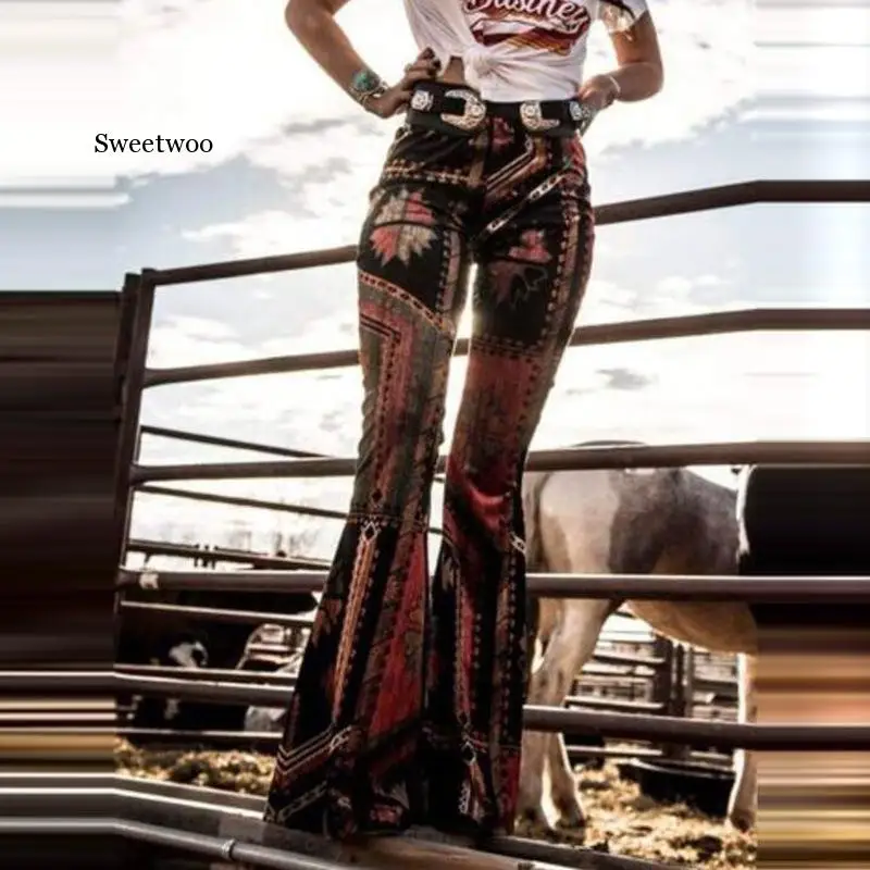 Damen Hose Bootcut Hüftjeans Schlaghose Flower Power Retro Jeanshose Hippiehose
