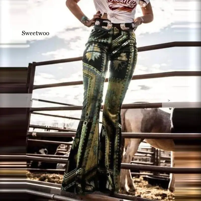 Damen Hose Bootcut Hüftjeans Schlaghose Flower Power Retro Jeanshose Hippiehose