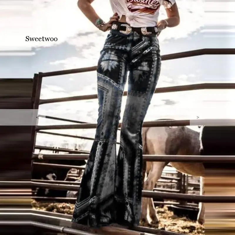 Damen Hose Bootcut Hüftjeans Schlaghose Flower Power Retro Jeanshose Hippiehose