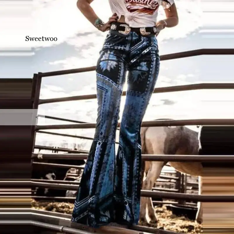 Damen Hose Bootcut Hüftjeans Schlaghose Flower Power Retro Jeanshose Hippiehose